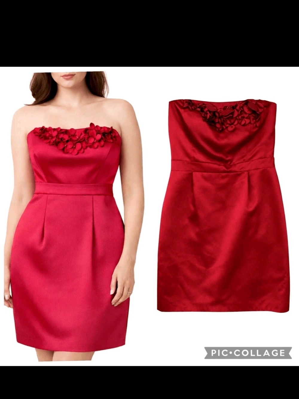 Antonio Melani Size 6 Strapless Red Floral Appliqué Satin Cocktail Dress